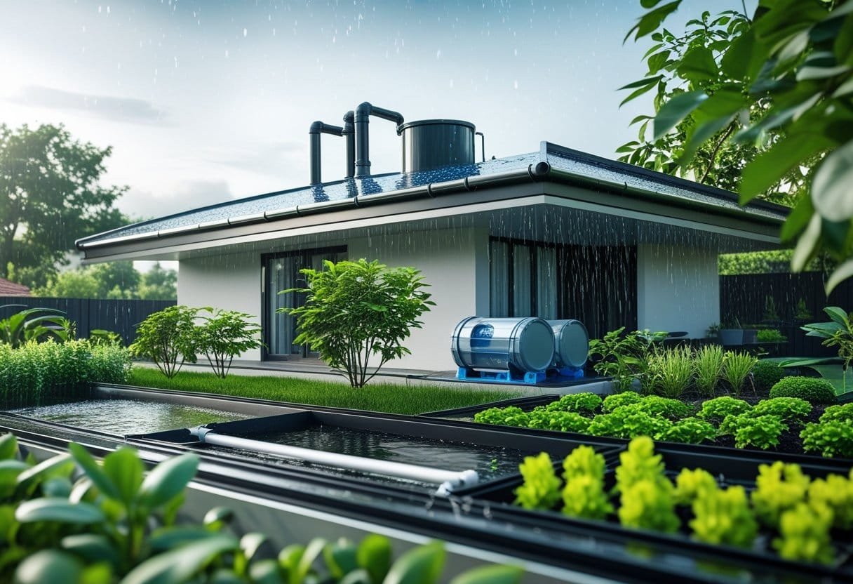 A modern house with advanced rainwater harvesting equipment on the roof and a green garden around it during light rain.