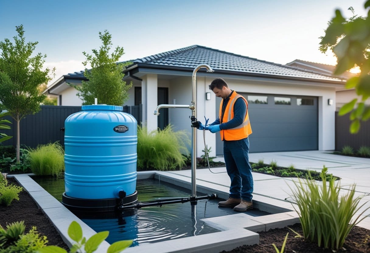 A technician inspects a modern rainwater harvesting system with a large rain barrel connected to a house downspout in a green backyard.