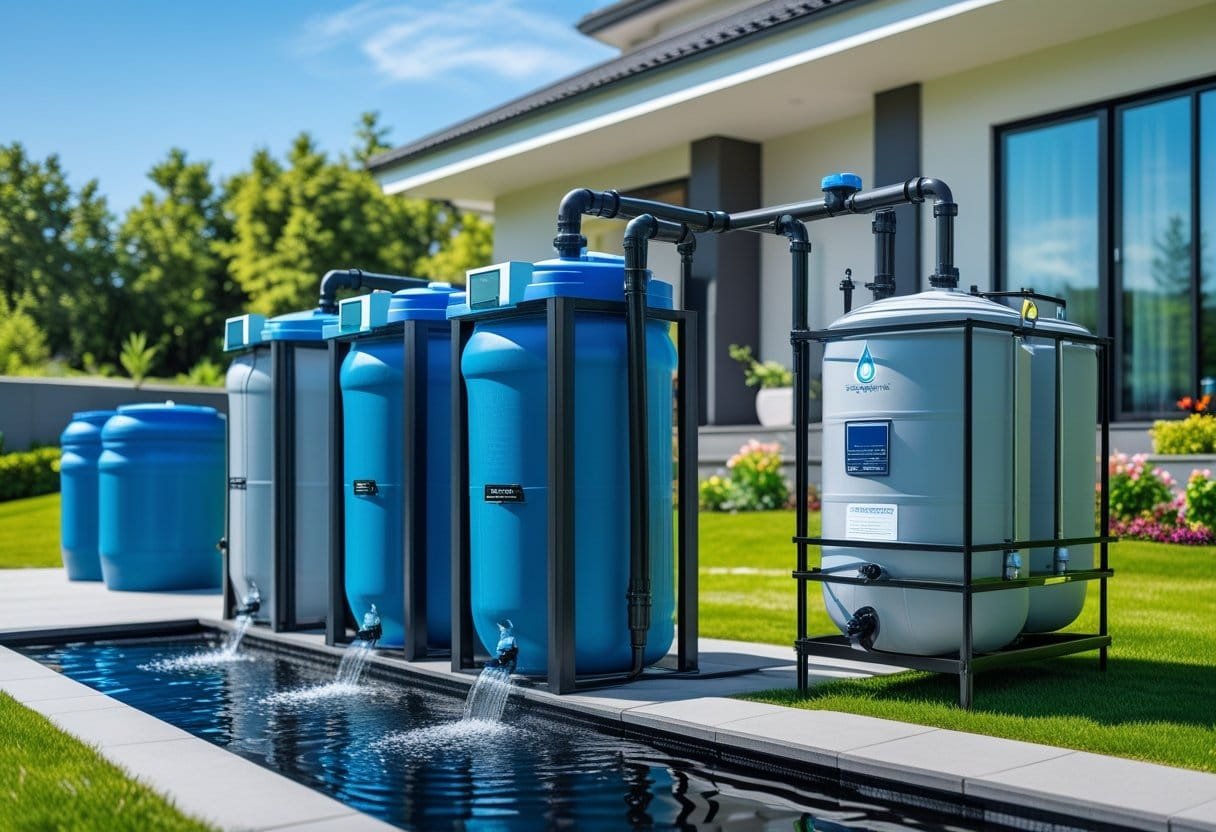 Outdoor scene showing modern rain barrels and large cistern systems connected to a house for collecting rainwater.
