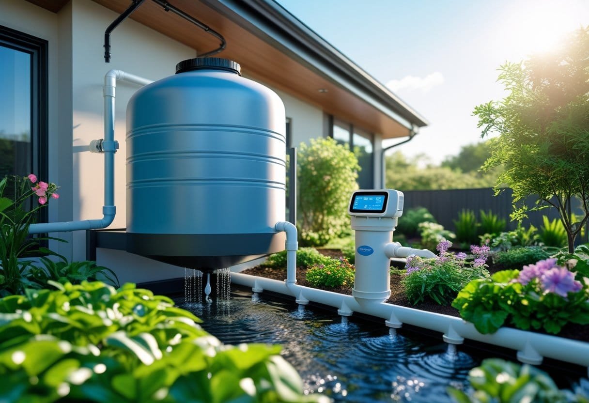 A rainwater harvesting system connected to a modern house watering a green garden with clear sky in the background.