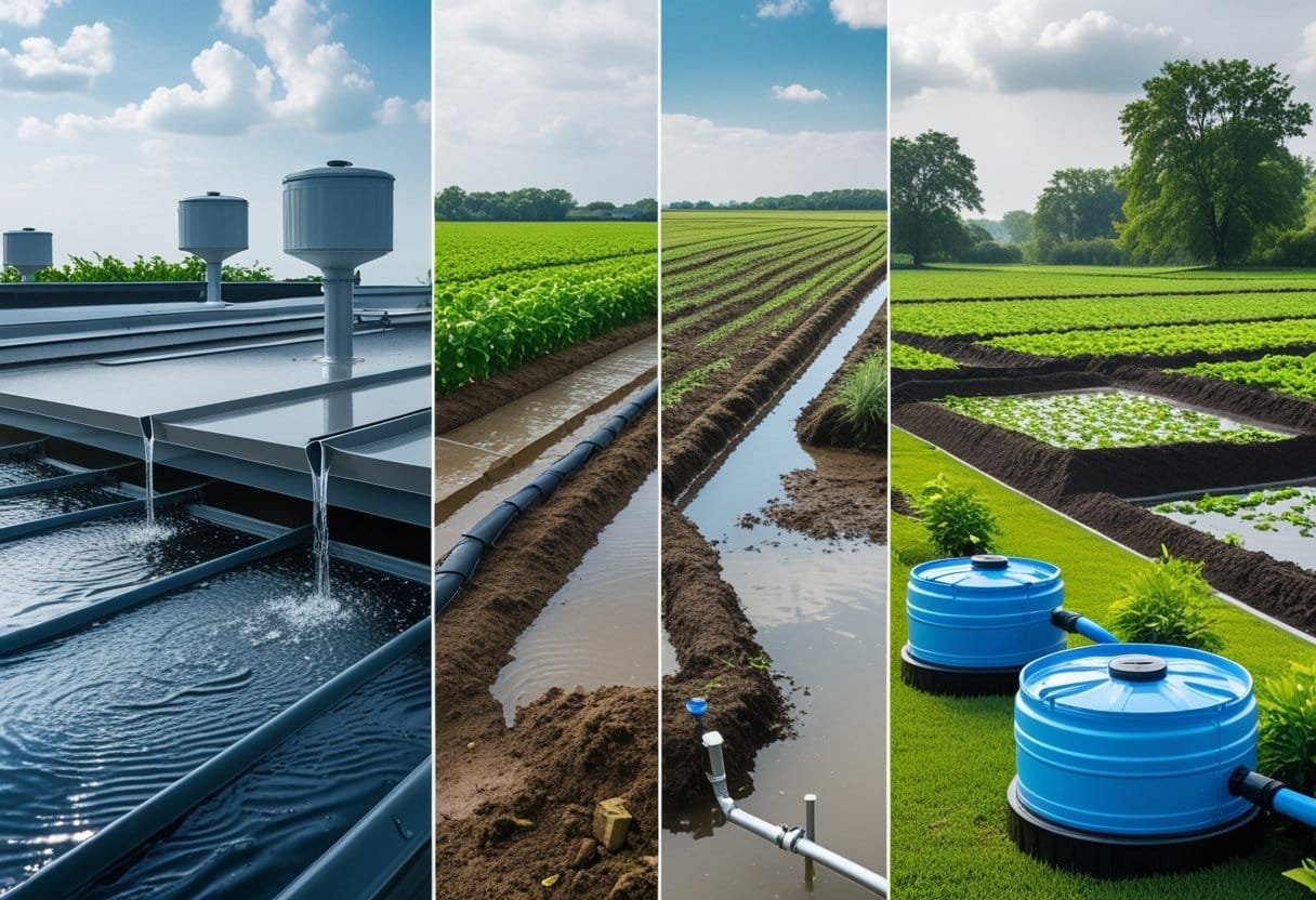 Multiple scenes showing different rainwater harvesting systems in urban, rural, and suburban areas collecting and storing rainwater.