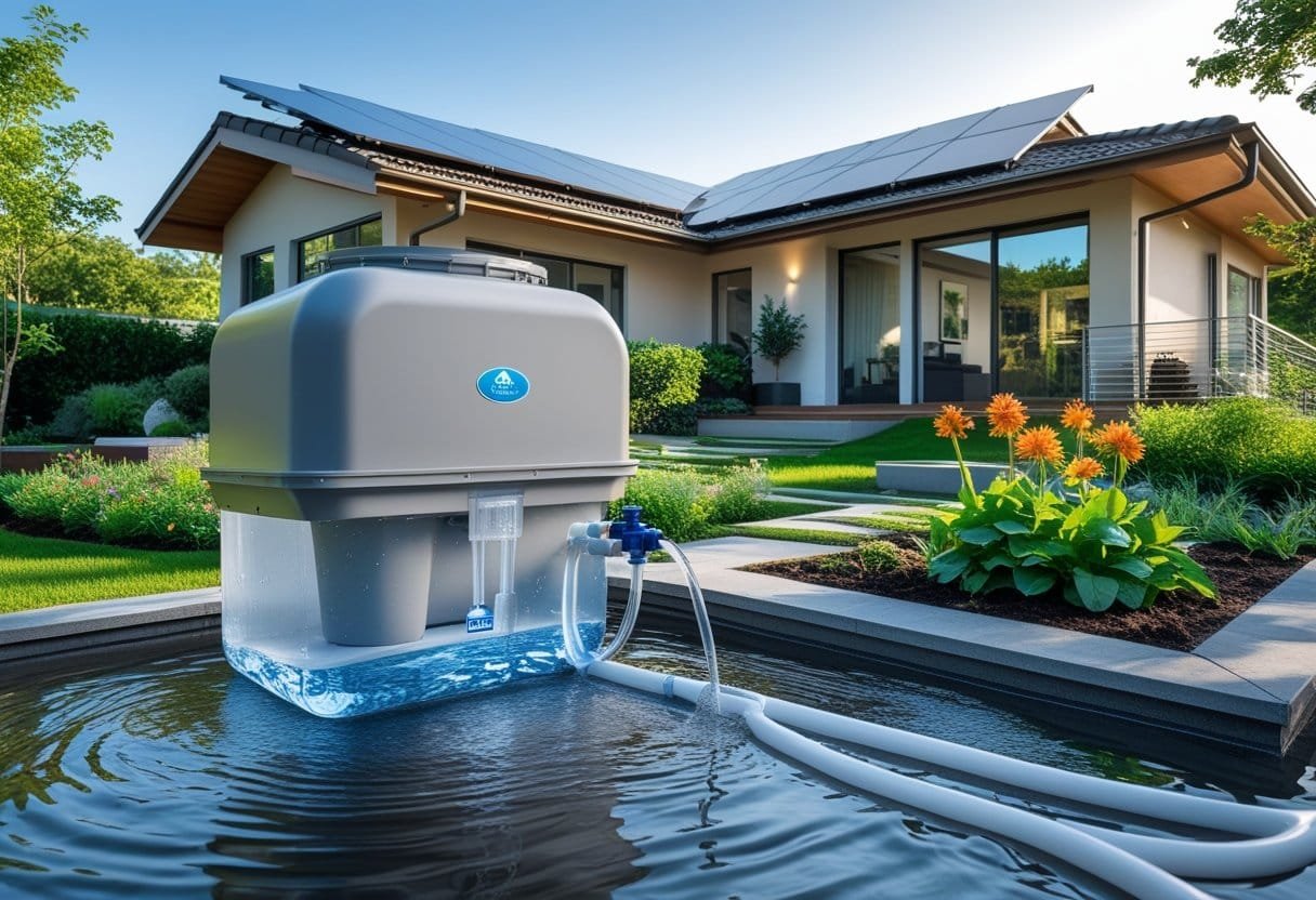 A modern house with a rainwater harvesting system including a large collection tank, filtration unit, and a thriving garden under a clear sky.